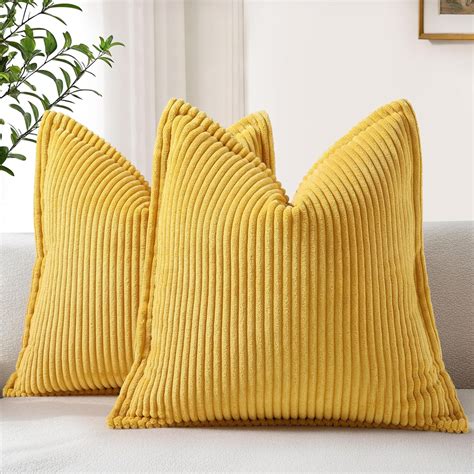 Corduroy Mustard Yellow Throw Pillow Covers 18x18 Set of 2 Decorative ...