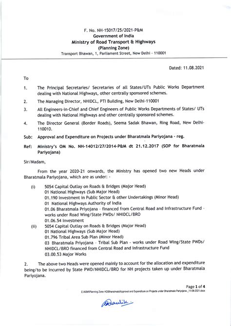 Approval and Expenditure on Projects - F. No. NH-1 501 7 I 25 / 2021'P ...