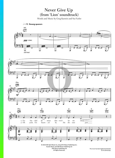 Never Give Up Piano Sheet Music from Lion by Sia - OKTAV