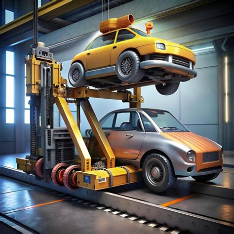 Futuristic car being lifted by a robotic arm in a modern industrial ...