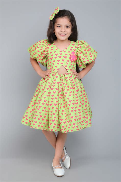 Puff Sleeves Heart Print Cut Out Dress with Matching Clip -Green – Pink ...