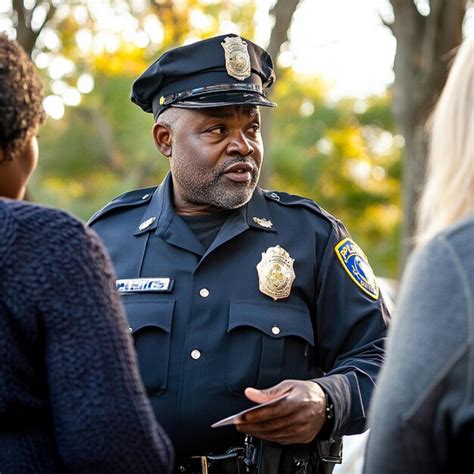 A police officer and community members discussing local safety concerns ...