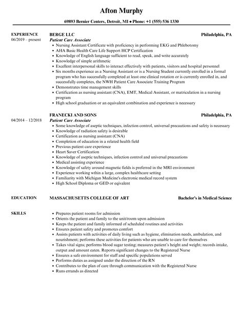 Patient Care Associate Resume Samples | Velvet Jobs