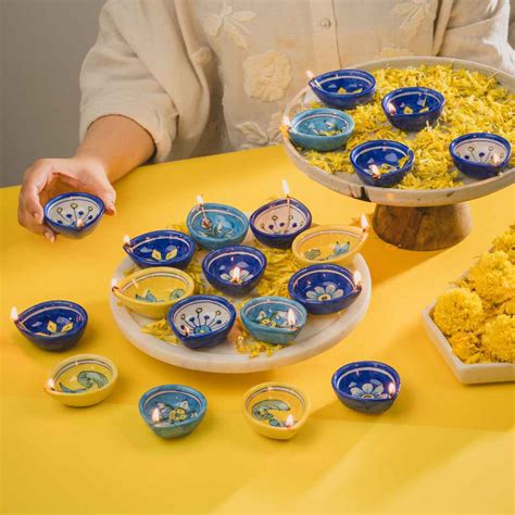 Assorted Blue Pottery Diyas Handcrafts by artisans | Atrangi Studio