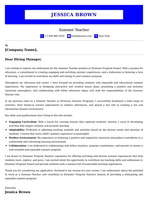 Summer Teacher Cover Letter Samples Canada