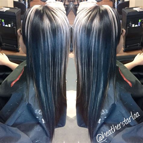 All over black hair with chunky platinum blonde highlights. | Black to ...