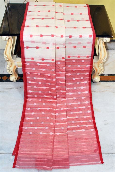 Designer Poth Cotton Jamdani Saree in Off White and Red – Mohi fashion