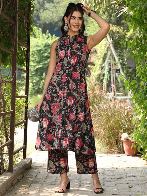 Black Cotton Calf Length Printed A-Line Mandarin Neck Kurta Palazzo Se ...