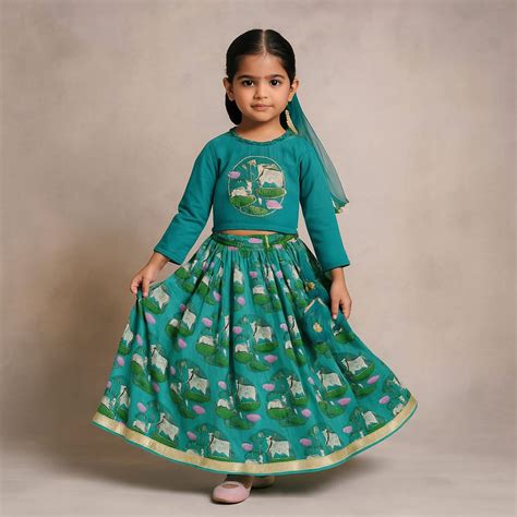 Pre Order: Pleated Green Top And Printed Lehenga With Sequins Lace Wor ...