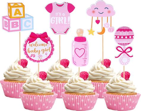 Amazon.com: 36 PCS Baby Shower Girl Cupcake Toppers Double Sided ...