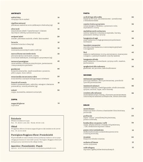 Menu at Lupo Pasta Fresca restaurant, Warsaw