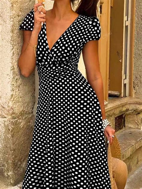 Women's Stylish V-Neck Short Sleeve Polka Dot Print Casual Everyday ...