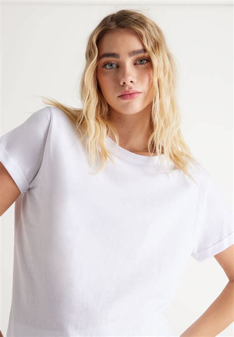 Womens White Cotton Roll Sleeve T-Shirt | Peacocks