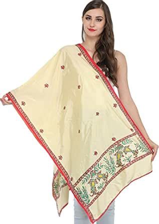 Buy Exotic India Vanilla-Cream Madhubani Stole from Bihar with Hand ...