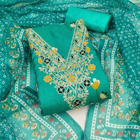 Turquoise Chanderi Silk Dress Material With Floral Digital Print & Del