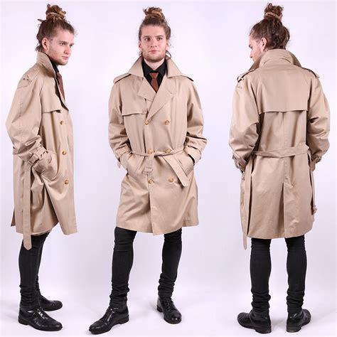60s Mens Coat / Vintage Beige Detective Trench Coat/ Large