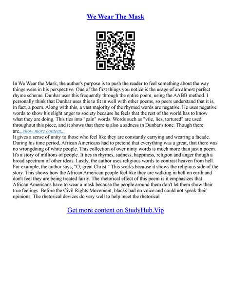 We Wear The Mask Essay - We Wear The Mask In We Wear the Mask, the author's purpose is to push ...