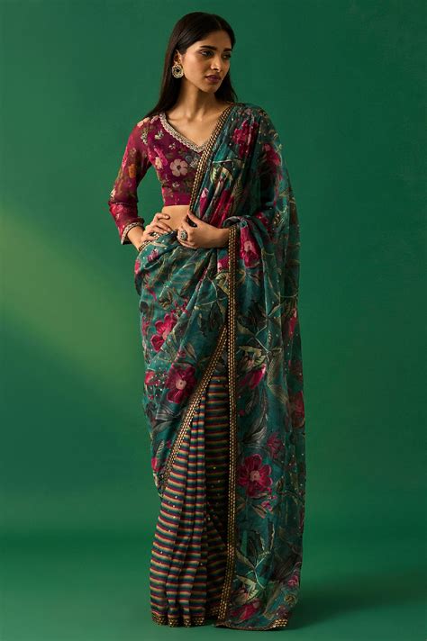 Green Floral Printed Embroidered Sequined Organza Saree with Unstitche
