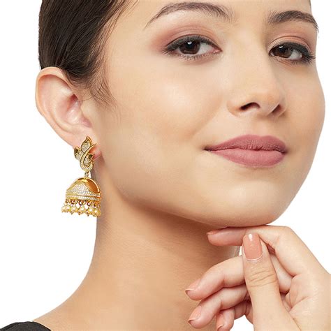 American Diamond CZ Traditional Gold Plated White Brass Jhumka Earring ...
