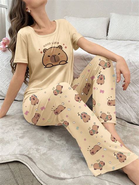 2pcs Cute Animal Print Short Sleeve Shirt And Pants Pajama Set Capybara ...