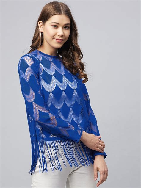 Women's Blue Sheer Lace Top with Fringes (Inner not provided) – Stylestone