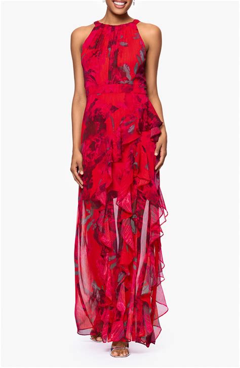 Betsy & Adam Red Rose & Metallic Stripe Sleeveless Gown | Nordstrom