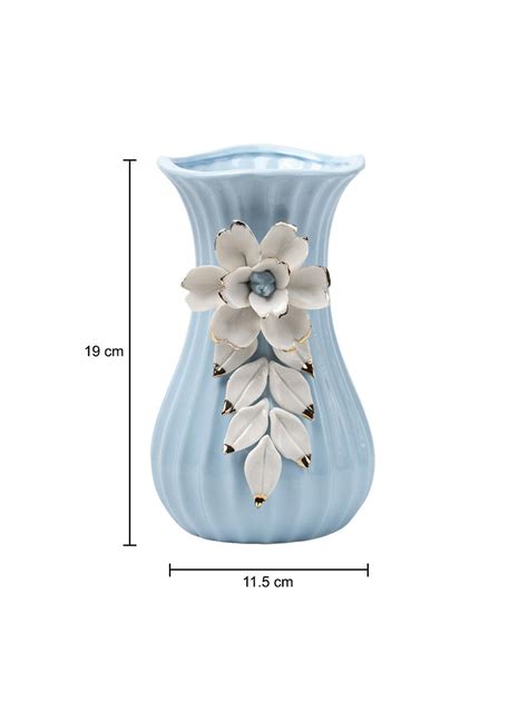 Blue Ceramic Curvy Vase - Engraved Floral Pattern, Flower Holder ...