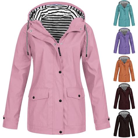 Dazajoo Womens Hooded Rain Jacket Zip Up Striped Lined Trench Coat Long ...