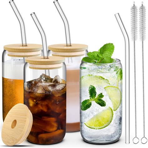Amazon.com: 4 Set Glass Cups with Lids and Straws 16 oz, Glasses ...