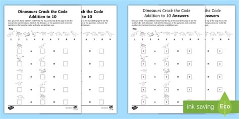 Dinosaurs Crack the Code Addition to 10 Worksheets - Twinkl