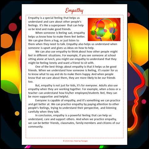 Empathy Reading Comprehension Passage and Questions | Printable PDF ...