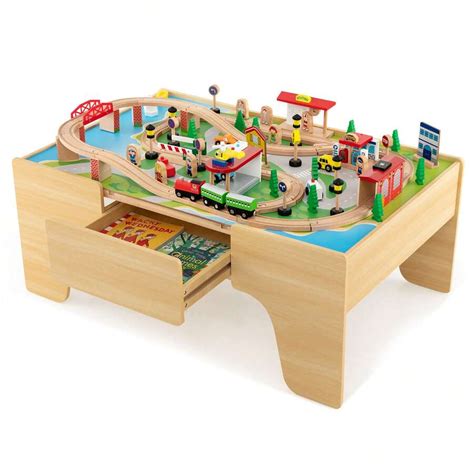 Homasis Kids Wooden Train Activity Playset W/ Solid Wood Tracks Large ...