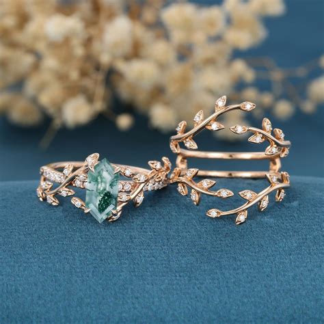 Nature Inspired Long Hexagon cut Moss Agate Leaf Gold ring set | Agate ...