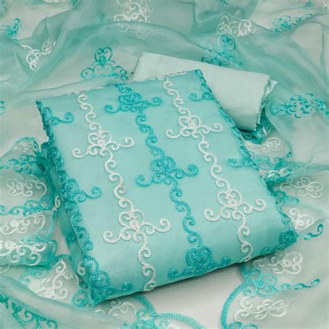 Sky Blue Festive Wear Embroidered Organza Dress Material