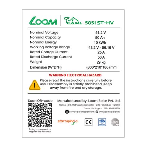 CAML 50 Ah, 204.8 V / 10 kWh High-Voltage Stackable Lithium Battery ...
