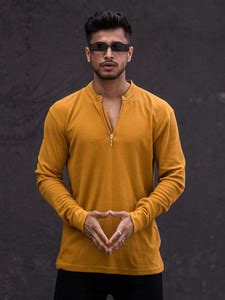 MANIAC Self Design Men Henley Neck Yellow T-Shirt - Buy MANIAC Self ...