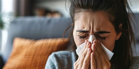 Vrouw met weefsel in de woonkamer niezen als gevolg van allergie koude ...