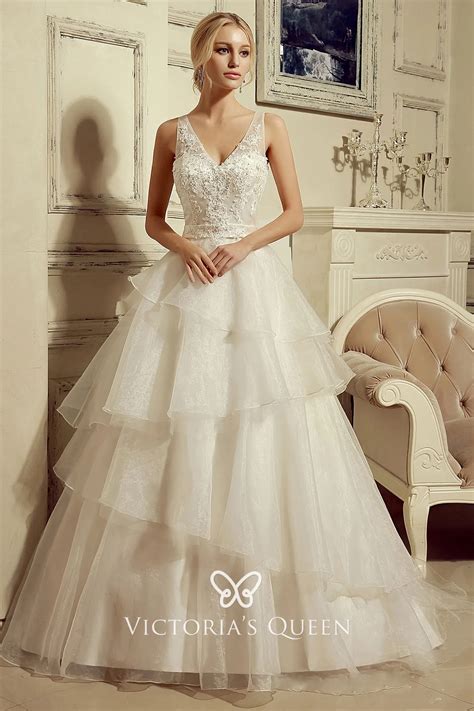 Beaded Lace Bodice Tiered Tulle Skirt Wedding Ball Gown - VQ