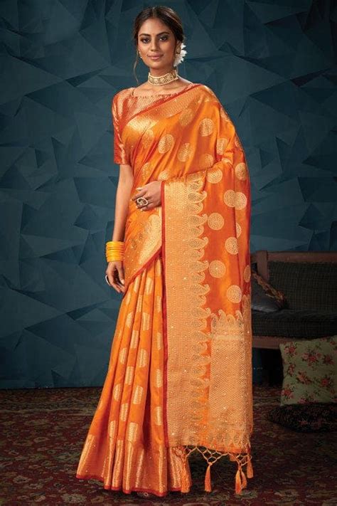 Buy Princeton Orange Banarasi Saree 60484 Online | Karagiri