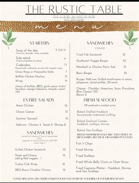 Menu at The Rustic Table restaurant, Winchester