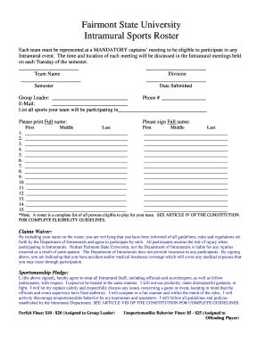 Fillable Online pierpont Intramural Sports Roster Fax Email Print ...