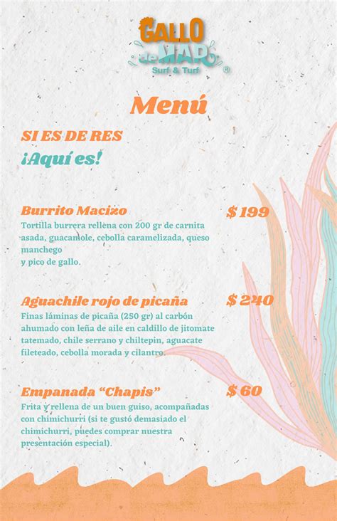 Menu at Gallo de Mar restaurant, Mexico City