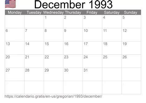 Calendar December 1993 from United States of America in English ...