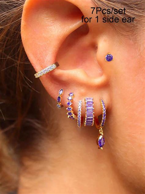 7Pcs/Set (For 1 Side Ear) Earring Set For Women Gold Plated Purple ...