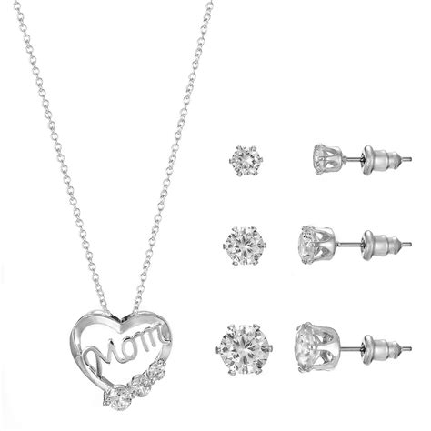 Primavera Silver Plated Cubic Zirconia "Mom" Heart Pendant & Earring ...