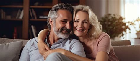 Middle aged couple on couch at home smiling and embracing enjoying ...