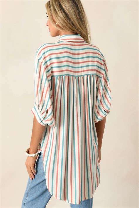 Ivory Button-Front Stripe Collared Shirt - All Tops | Red Dress