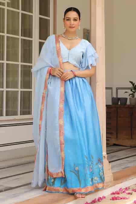 Buy Blue Muslin, Silk, Organza Embroidery Neer Floral Print Lehenga Set ...