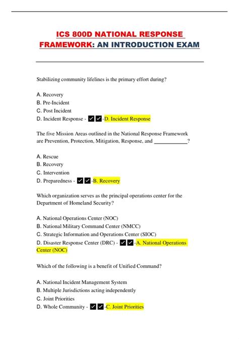ICS 800D – National Response Framework: An Introduction – Complete Exam with Correct Answers ...