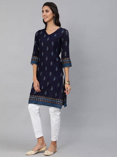Women Navy Blue & Gold Printed Straight Kurta With Three Quarter sleev ...